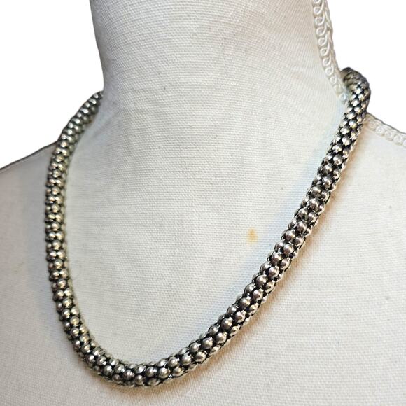CG Necklace Beaded Tube Popcorn Caviar Woven Chain Silver Tone Single Strand 16" - Picture 3 of 9